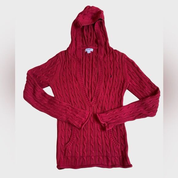 Old Navy Perfect Fit V-Neck Cable Knit Sweater Women's Size M Red Hooded Pockets - Picture 12 of 14